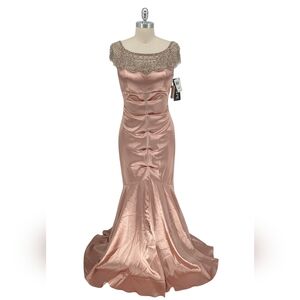 19884 NEW Xscape Beaded Ruched Satin Gown Dress Pink Silver size 8 victorian